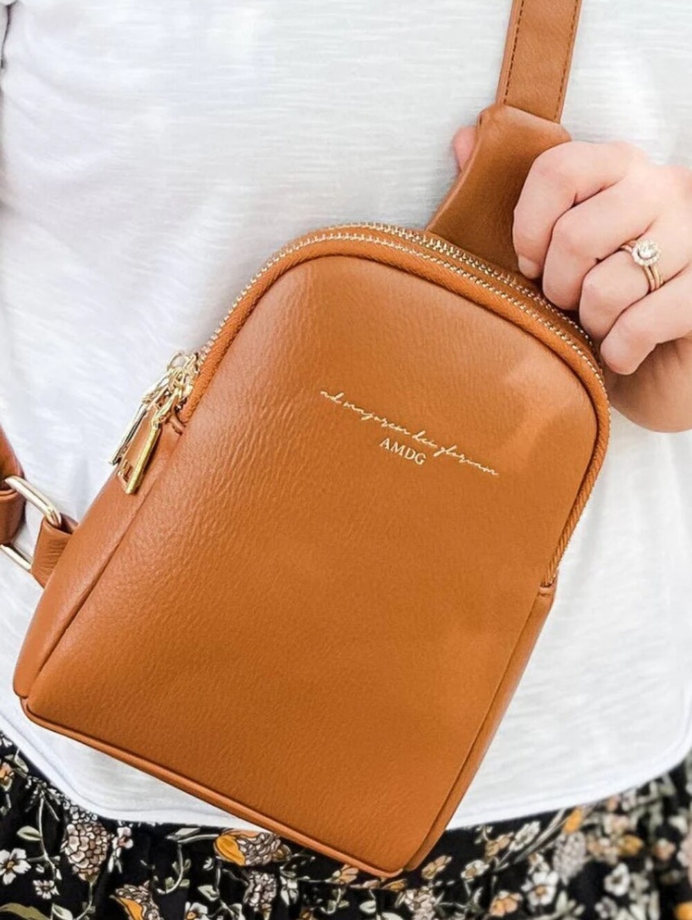 AMDG Catholic Mini Backpack Cognac Faux Leather Gold Hardware Purse Crossbody